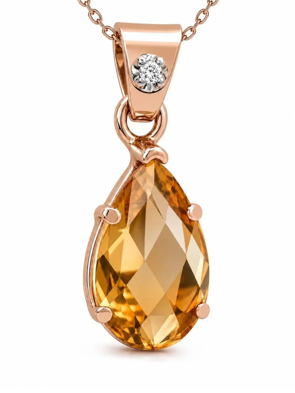 Checkerboad 7.24 CT Yellow Topaz & Genuine Diamond Pendant Solid 10k Rose Gold